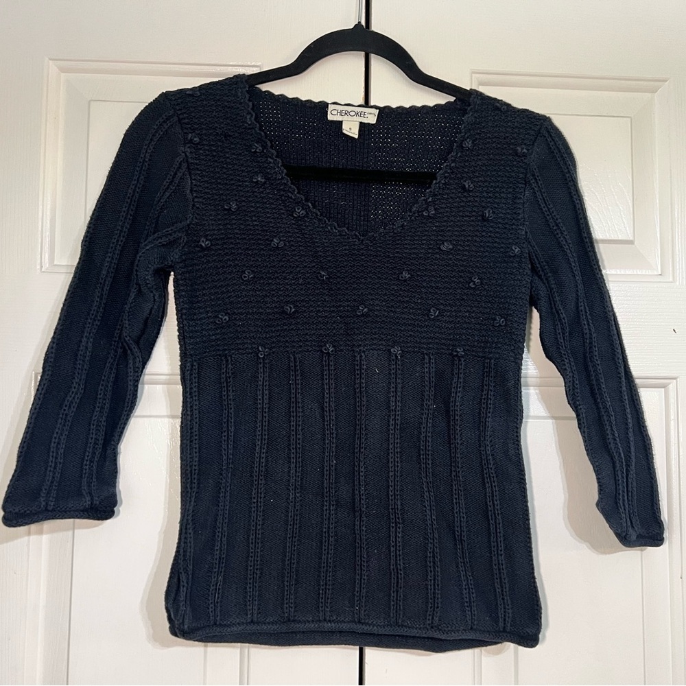 Vintage Cherokee Sweater Size Small Navy or Faded Black 3/4 Sleeve Knit Cotton